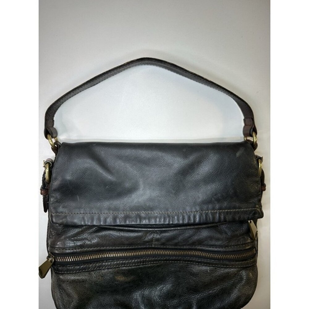 Vintage FOSSIL Explorer Foldover Leather Black&Brown Versatile Shoulder Bag EUC - Picture 5 of 12